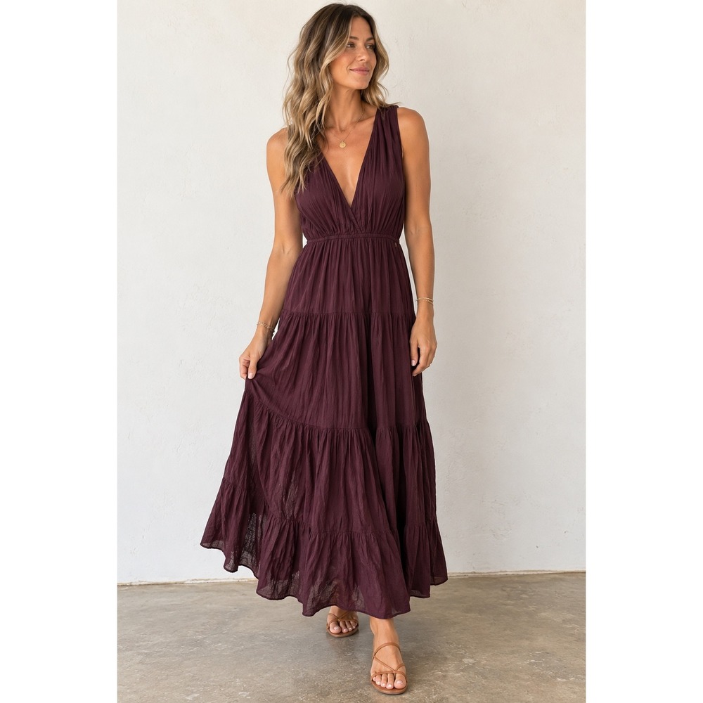 Ottod'Ame Women Plum Purple Cotton Tiered V-Neck Maxi Dress Size 8 Medium